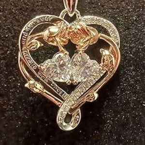 Double Rose Heart  & Birthstone Necklace in 925 Sterling Silver